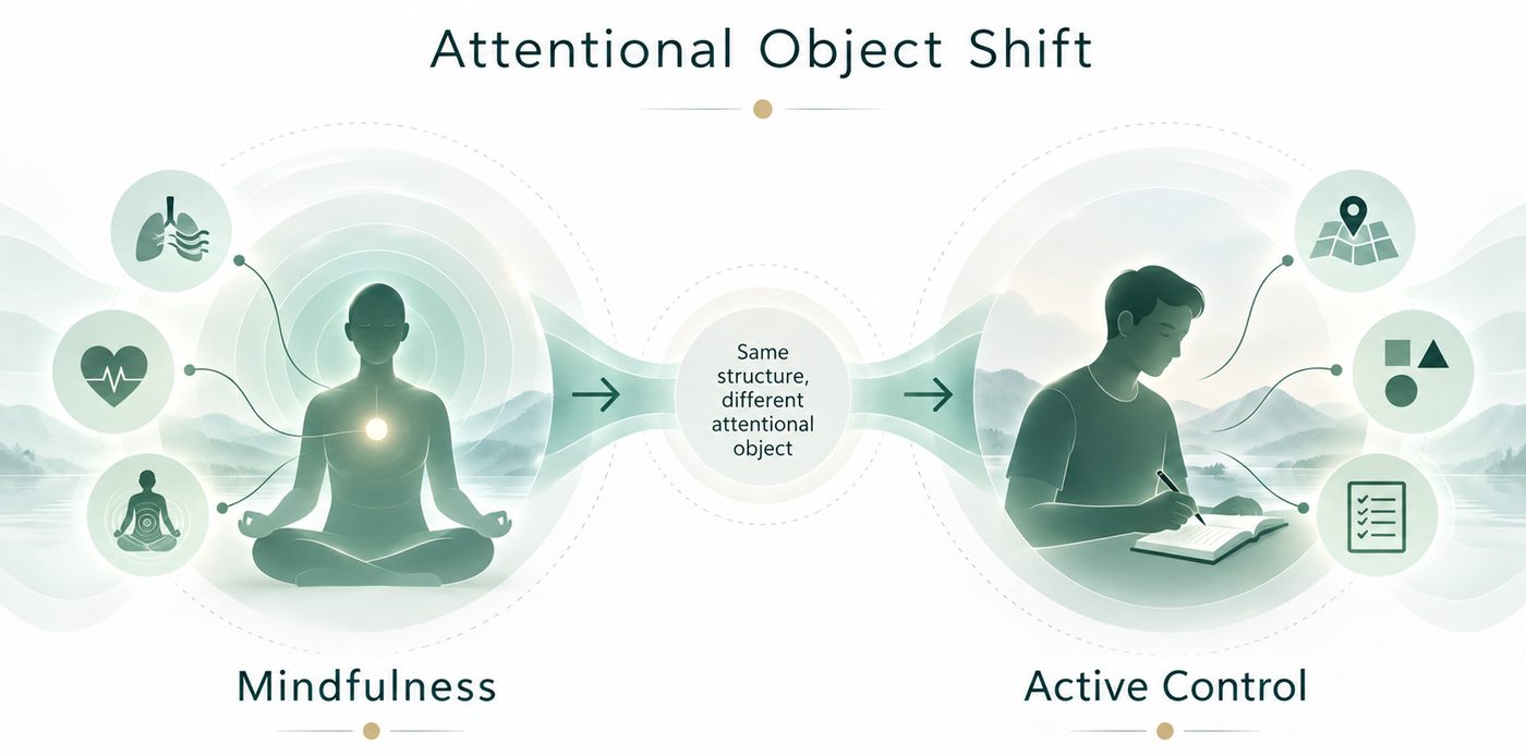 Attentional Object Shift: the mindfulness and active-control versions share the same structure but direct attention to different objects.